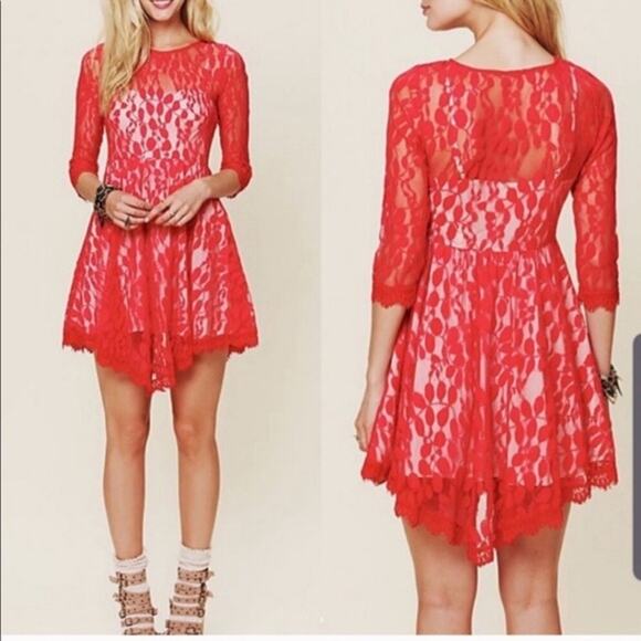 Free People Red Lace Skater Dress | Women's Size 12 - Picture 1 of 10